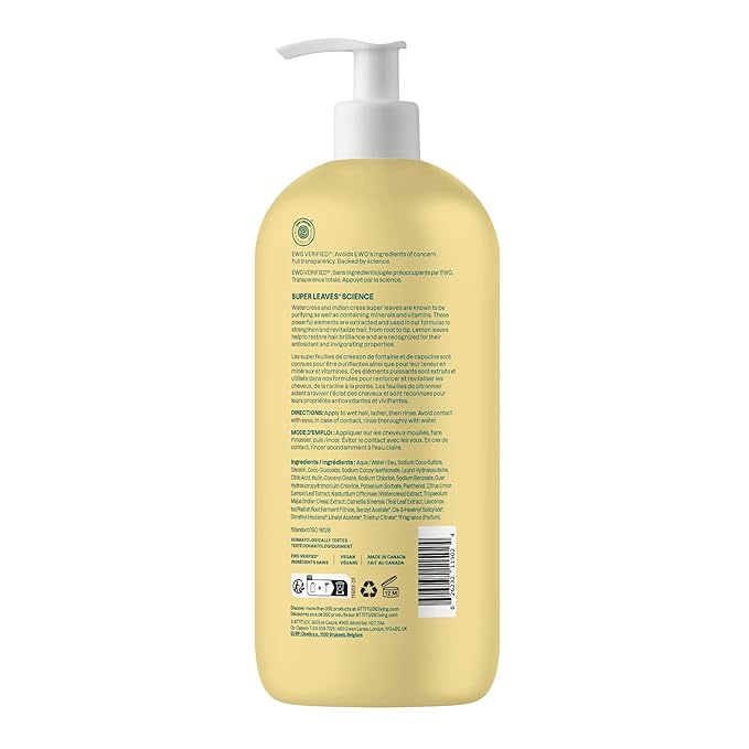 ATTITUDE Clarifying Hair Shampoo, EWG Verified, Restores Shine, Naturally Derived Ingredients, Vegan, Plant Based, Lemon Leaves and White Tea, 32 Fl Oz