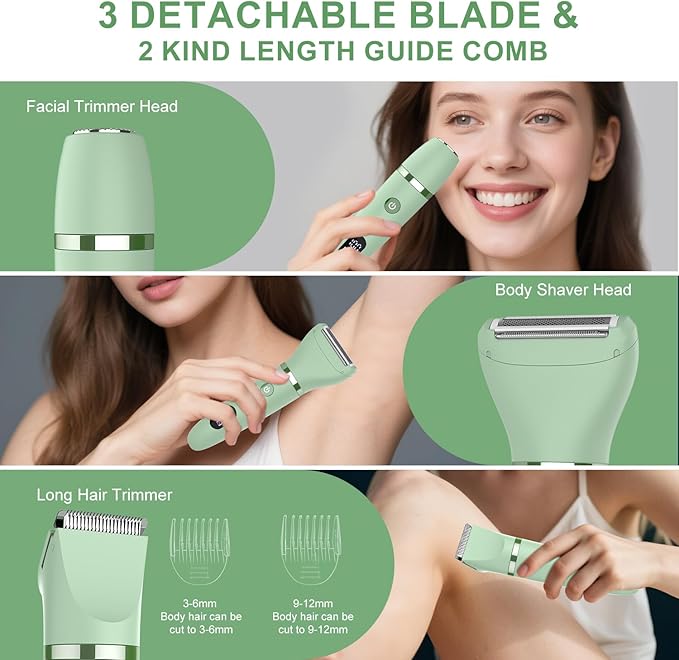 3-in-1 Electric Razor IPX7 Waterproof Bikini Trimmer Wet & Dry Use Painless Personal Trimmer Groomer for Ladies Face Body Legs Bikini Public Hairs Electric Lady Shaver with Replaceable Heads