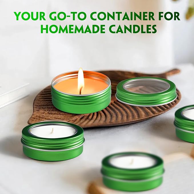 24 Pack 2 Ounce Screw Top Aluminum Tin Jar with Screw Clear Lid and Blank Labels, Refillable 60ml Metal Containers for Lip Balms, Candles, Salves, Spices, Crafts (Green)