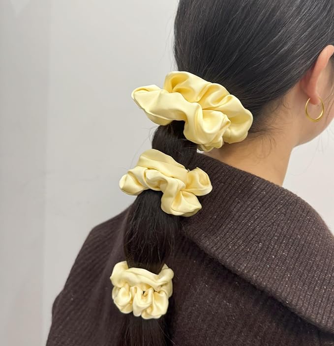 3 Pieces Satin Scrunchies Set for Hair No Crease Elastic Hair Ties for Women and Girls (Light Yellow)