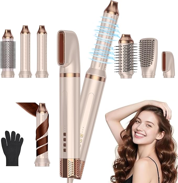 6 in 1 Hair Styler,110-120V Hair Dryer Brush,110,000 RPM High-Speed,Negative Ion & 4 Adjustable Temp Hot-Air Hair Brush,Detachable Hot Air Styler Set for Women (Pink Gold)