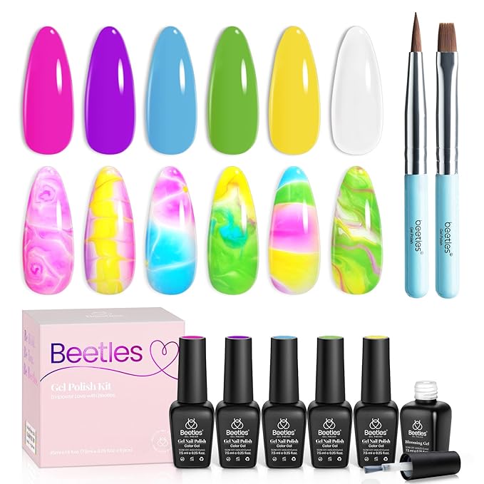 Beetles Christmas Gel Nail Polish with Blooming Gel, 5 Colors Neon Pink Green Blue Purple Yellow Nail Polish Clear Blooming Polish for Spreading Effect2 Nail Art Brushes UV/Led Gift Set for Women