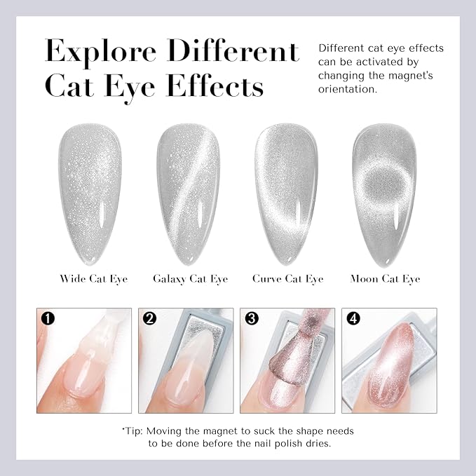 AZUREBEAUTY Cat Eye Nail Polish Fast Drying Silvery Glitter Top Coat Nail Polish Moonlight Natural Glassy Shine Salon Quality for Women Girl Gifts