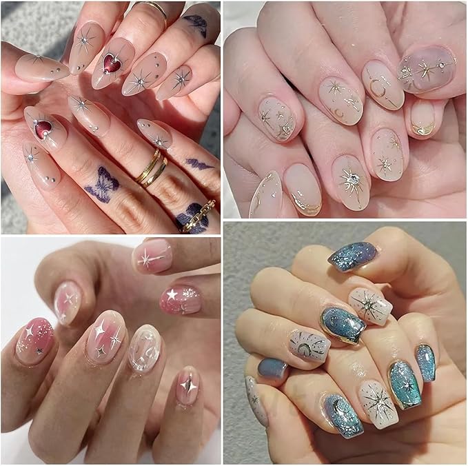 12 Sheets Gold Moon Star Nail Art Stickers Decals Luxury Metallic Silver Nail Stickers Sun Stars Moon Nail Art Design with Starlight Moon Charm Nail Adhesive Sliders for Women Manicure Decoration