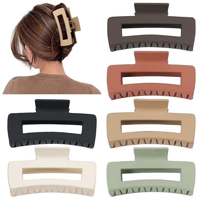 4 Inch Big Hair Claw Clips 6 Pcs Large Claw for Thick Hair Square Hair Clips for Women Rectangle Hair Clips Nonslip Acrylic Banana Jaw Clips Hair Accessories for Girls (Brown)