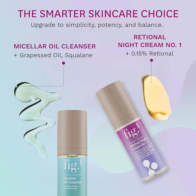 Fig.1 Evening Essentials Skincare Duo, Micellar Oil Cleanser & Retinol Night Cream, Gentle Makeup Remover Cleansing Oil & Anti Aging Night Cream, Deeply Cleanse & Visibly Reduce Wrinkles 2x30ml Minis
