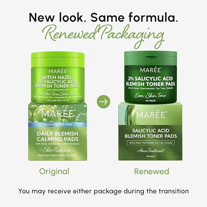 MAREE Blemish Acne Clearing Polishes - Daily Facial Radiance Toner Pads - Witch Hazel Pads Acne Face Toning - Acne Skin Care with BHA Salicylic Acid - Blemish Clearing Witch Hazel Device