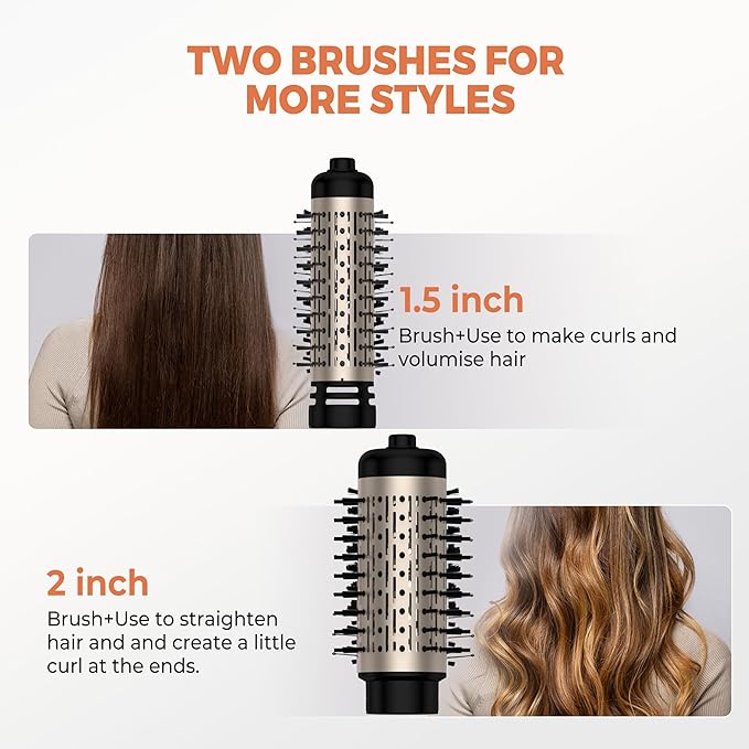 3 in 1 Rotating Hair Dryer Brush, Auto Rotating Blow Dryer Brush Spinning with 2 Brushes (2" & 1.5"), Negative Ionic Brush Blow Dryer, Round Brush Blow Dryer Volumize Curling 100-120V