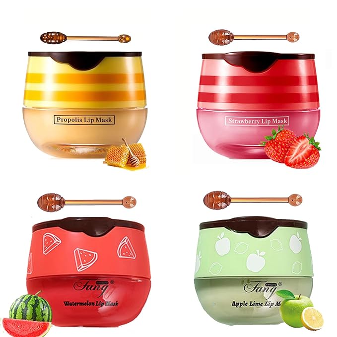 4 PCS Bee Lip Balm Honey Pot,Lip Mask Propolis Moisturizing,Prevention Dry and Cracked Lip Scrubs Exfoliator Lip Wrinkle Skin Care Products (Honey & Strawberry & Watermelon & Apple Lime)