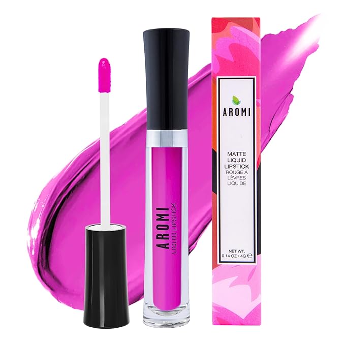 Aromi Bright Pink Matte Liquid Lipstick for Women | Long-Lasting, Magenta Lip Color, Vegan, Blue Undertones, Fuchsia (Pink Peonies)