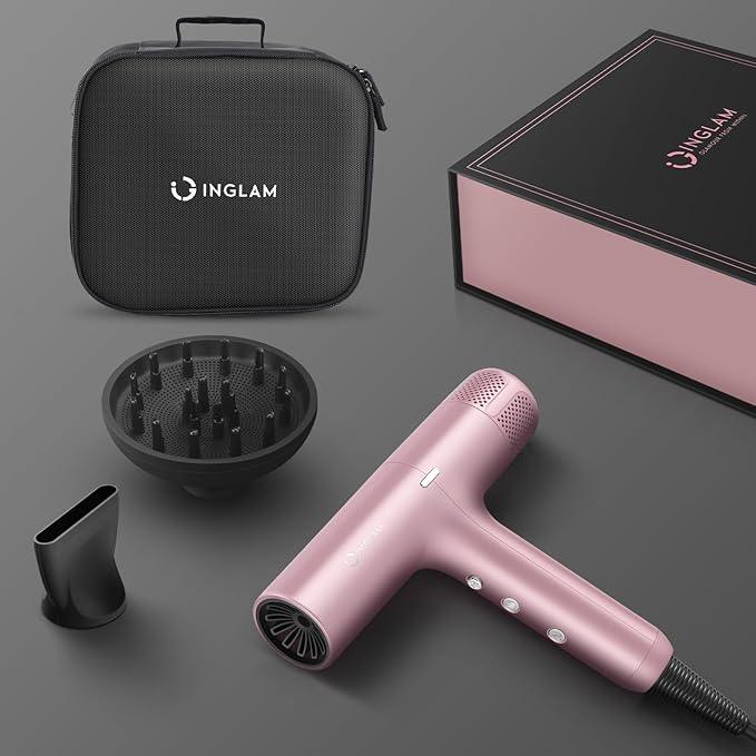 Hair Dryer, IG INGLAM 110, 000 RPM High-Speed Blow Dryer with LED Display, 1300W Low Noise Negative Ionic Hairdryer, 3 Temps & 3 Speeds Cool Switch & Memory Function, Lightweight, Rose Pink