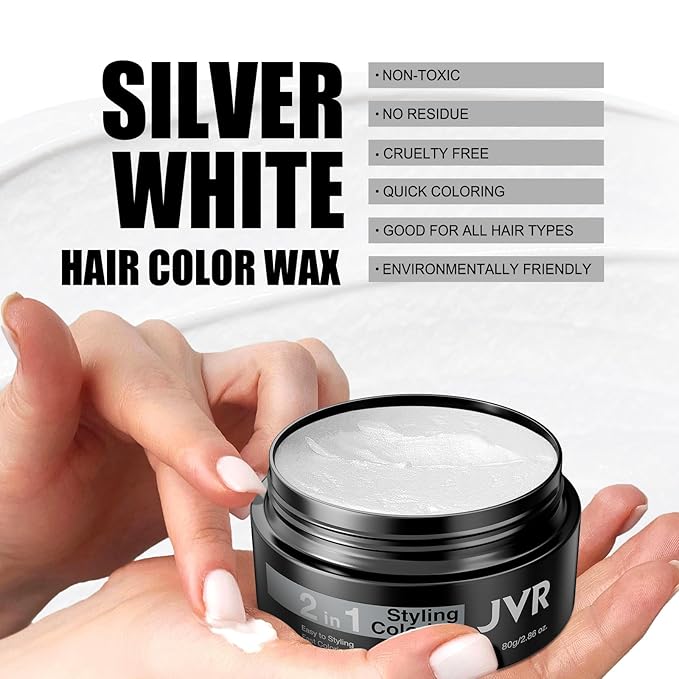 JVR Temporary Silver White Hair Color Wax for Women Men Natural Matte Color Hair Dye Wax, 2 IN1 Girl Boy Hair Styling Mud Washable Disposable Hair Style All Day Hold for Party, Cosplay
