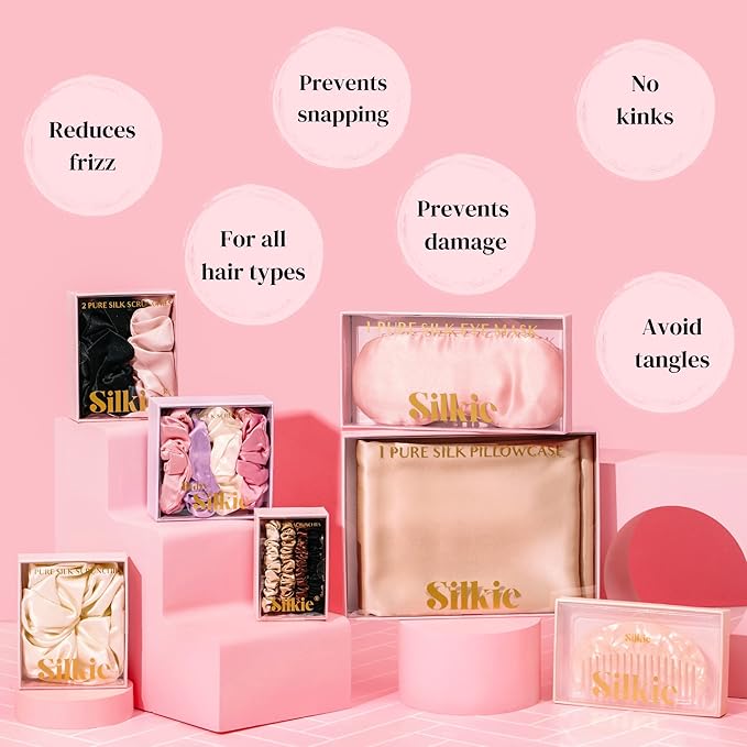 SILKIE x6 Set 100% Pure Mulberry Silk Black Noir Dark Midnight Neutral Skinny Scrunchies Travel Pouch Everyday Hair Ties Elastics Hair Care Ponytail Holder No Damage (Midnight)