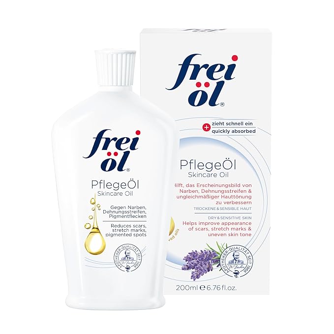 frei öl skincare oil – fast absorbing, softens and smooths – against scars, stretch marks and pigment spots with vitamin A & vitamin E oil, microbiome-friendly and vegan, 200 ml / 6.76 Fl Oz