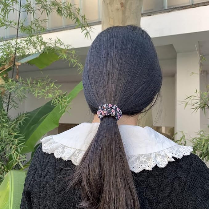 12Pcs Thin Floral Hair Ties, Soft Hair Scrunchies Elastic Hair Bands Floral Solid Ropes Ponytail Holder Stocking Stuffers for Women Girls