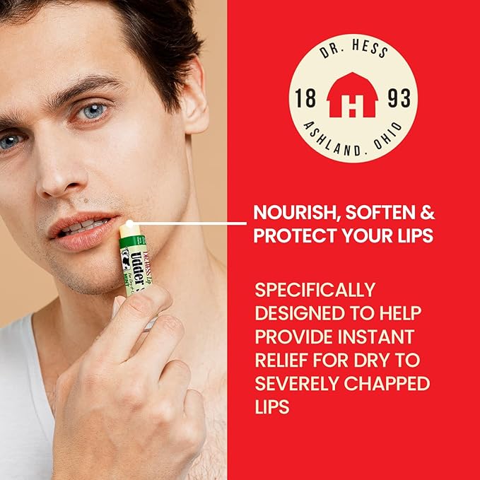 Dr. Hess Original Udder Stick SPF Lip Balm, Soothing Moisturizer Sun Screen Balm for Dry Lips with Jojoba, Beeswax & Shea Butter, Total Lip Care, Hydration & Repair, Assorted Flavors (PMVC), 4 Pack