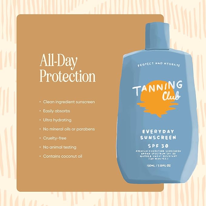Tanning Club - Everyday Sunscreen - SPF 30 Lightweight Sunblock Lotion for Face and Body - Hyaluronic Acid, Aloe, and Coconut Oil - Water and Sweat Resistant (80 Minutes) - 150 ml