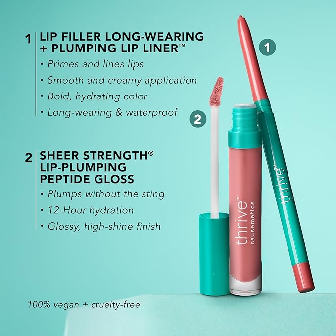Thrive Causemetics Perfect Pink Pout Lip Gloss & Liner Gift Set for Women, Sheer Strength Lip-Plumping Peptide Gloss & Long-Wearing Plumping Lip Liner, Vegan & Cruelty Free, Jo (Pink Mauve)