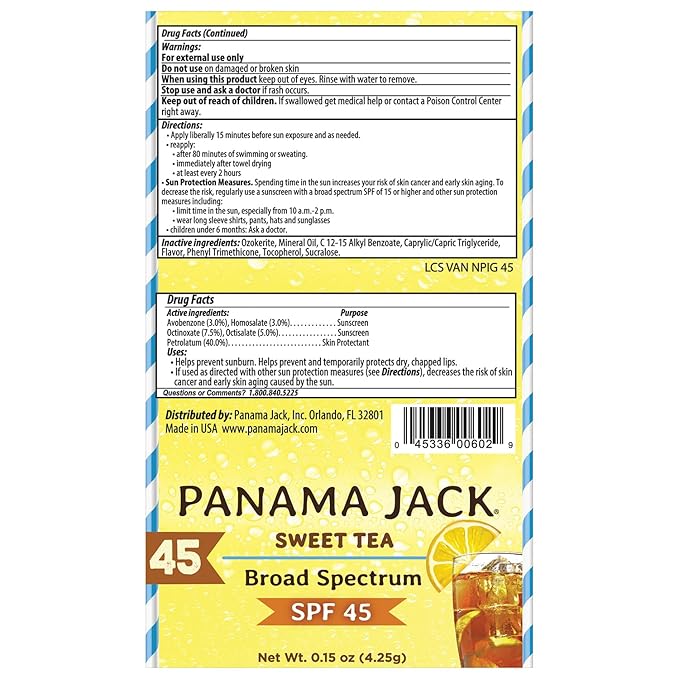 Panama Jack Sunscreen Lip Balm - SPF 45, Broad Spectrum UVA-UVB Sunscreen Protection, Prevents & Soothes Dry, Chapped Lips, Sweet Tea, 3-pack