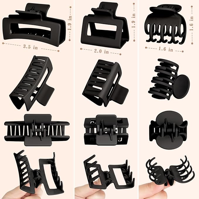 12 PCS Hair Claw Clips for Women – Small Medium Large Claw Clips for Thin or Thick Hair (Black)