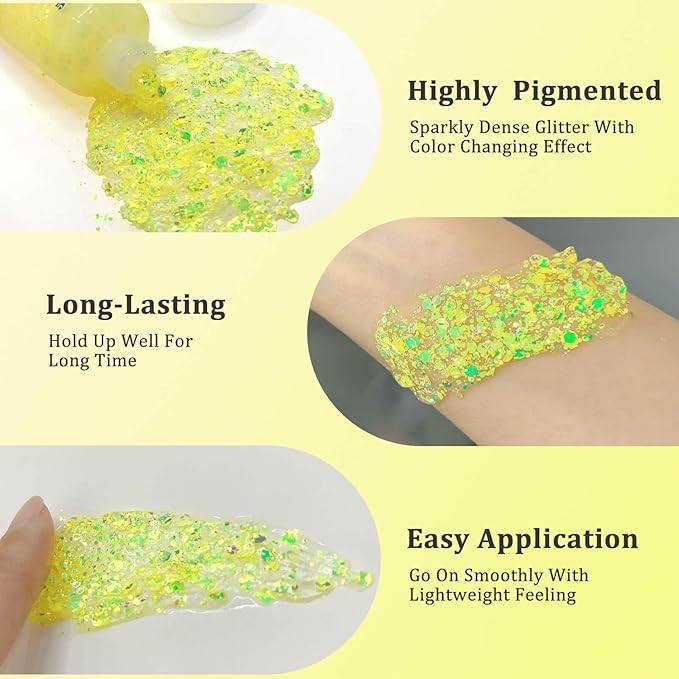 MEICOLY Chameleon Yellow Body Glitter,Chunky Yellow Face Glitter for Halloween,Color Changing Mermaid Hair Glitter Face Paint,Festival Party Cheer Glitter,50ml