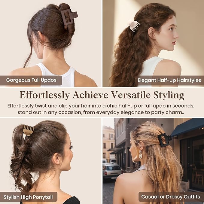 8 Pcs Medium Hair Clips for Women Girls - 2 Styles Rectangle and Double Row Teeth Small Claw Clips for Thin Fine Thick Hair, Matte Non-slip Strong Hold Jaw Clips Hair Accessories, Brown