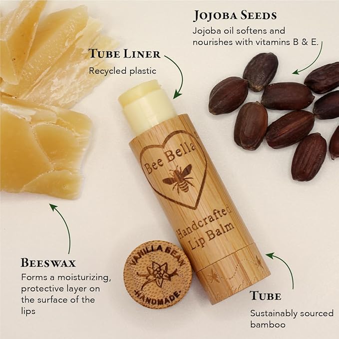 Bee Bella Lip Balm, Vanilla Bean, 3 Pack, Moisturizing Lip Care, 100% Natural, Original Organic Beeswax with Vitamin E, Handmade in USA