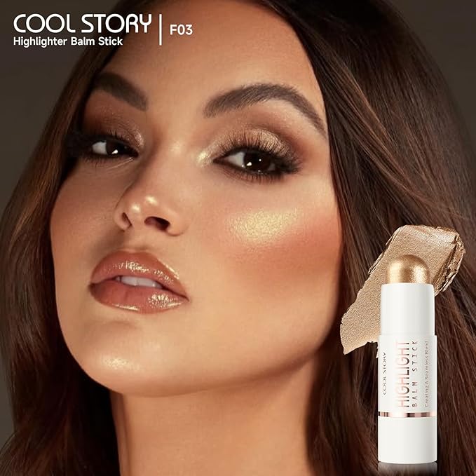 Cool Story 3-in-1 Makeup Set, Highlighter, Blush and Contour Balm Stick, Cream Formula for Face Contouring, Professional Cosmetic Kit (Highlight-F03)