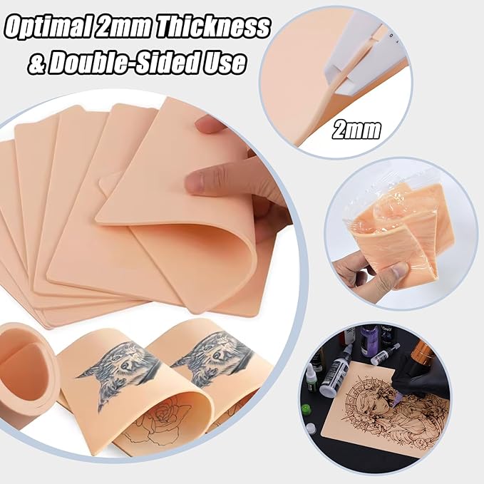 2MM Tattoo Practice Skin with Transfer Papers Kit - YONGDA 20pcs Double-Sided Realistic Fake Skin with 20 Thermal Stencil Papers for Tattoo Training, Beginner & Professional Use