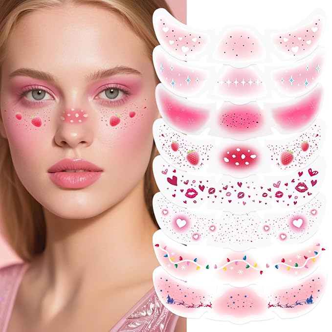 8Pcs 2-in-1 Rose-pink Blush and Glitter Freckles Face Tattoo for Teenagers & Young Women, Waterproof and Long-lasting Face Makeup Tattoos for Halloween and Christmas (SET A)