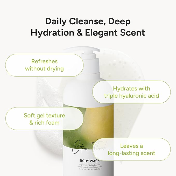 Korean Body Wash with Hyaluronic Acid & Aloe – Hydrating Moisturizing Cleanser for All Skin – Infused with Natural Extracts – Paraben & Silicone-Free – Citrus Floral, 500ml / 16.9 fl oz
