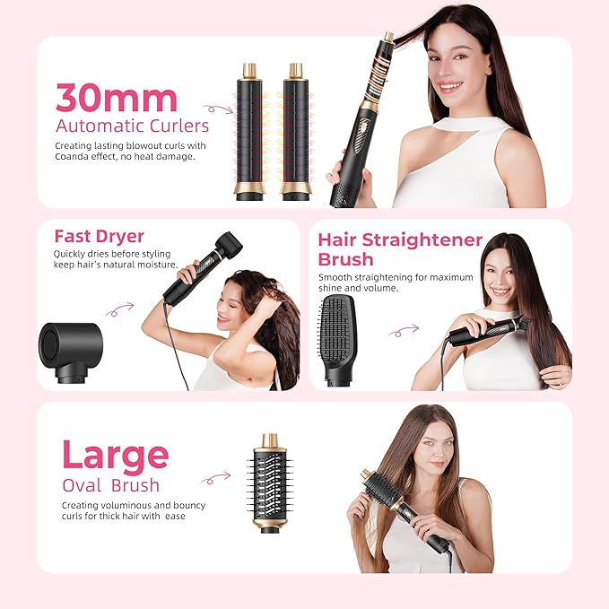 5 in 1 Blow Dryer Brush Set, 1000W Professional Hot Air Styler, Ionic Hair Dryer Brush, 3 Heat Settings, Auto Curling, Fast Drying, Ideal Hair Styling Tools Gift for Women (Black Gold)