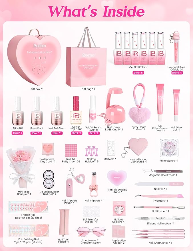 Beetles So In Love Collection – Forever In Love Valentine Gel Nail Polish Kit with UV Light, Pink Gel Polish with Base Top Coat Nail Tips Mini Rose Bouquet, Valentine's Day Gifts for Wife Girlfriend