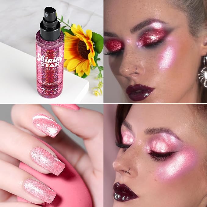 Pink Body Glitter Spray & Glitter Hairspray - Long-Lasting, Ultra-Shiny, Quick-Dry, Waterproof, Non-Clog Nozzle Design for Parties, Dances, Festivals, and Special Events