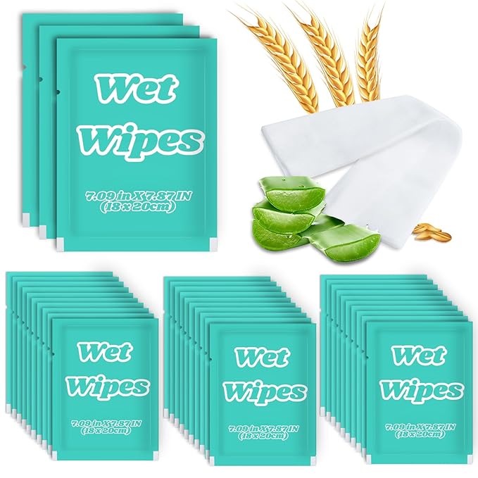 200 PCS Wet Wipes Individually Wrapped, Disposable Wet Wipes Bulk, Travel Size Wipe with Vitamin E & Aloe, Skin Cleansing Wipe for Hands Butt Restaurant Barbecue Daily Use, 7.1 x 7.87 inch