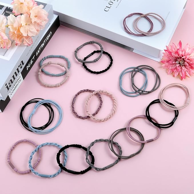 Boho Hair Ties, 20 PCS of 4 Styles Cute Hair Bands for Thick or Thin Hair, No Damage Boho Hair Tie Bracelets, Pink Elastic Hair Accessories for Girls and Women