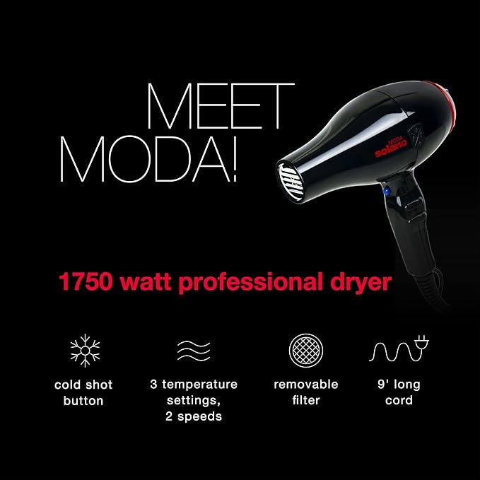Solano Moda Fast Drying 2-Speed Ionic Hair Dryer | 1750 Watt + Internal Silencer + Far Infrared Heat| Smoothing Without Sacrificing Body or Bounce | Italian-Made