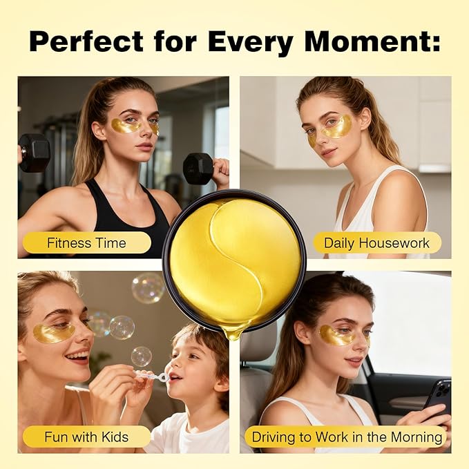 Under Eye Patches 60PCS, 24K Gold Collagen Eye Mask for Puffy Eyes & Dark Circles, Hydrating Eye Pads with Hyaluronic Acid, Vitamin C & Castor Oil, Anti-Aging Under Eye Treatment to Smooth Fine Lines