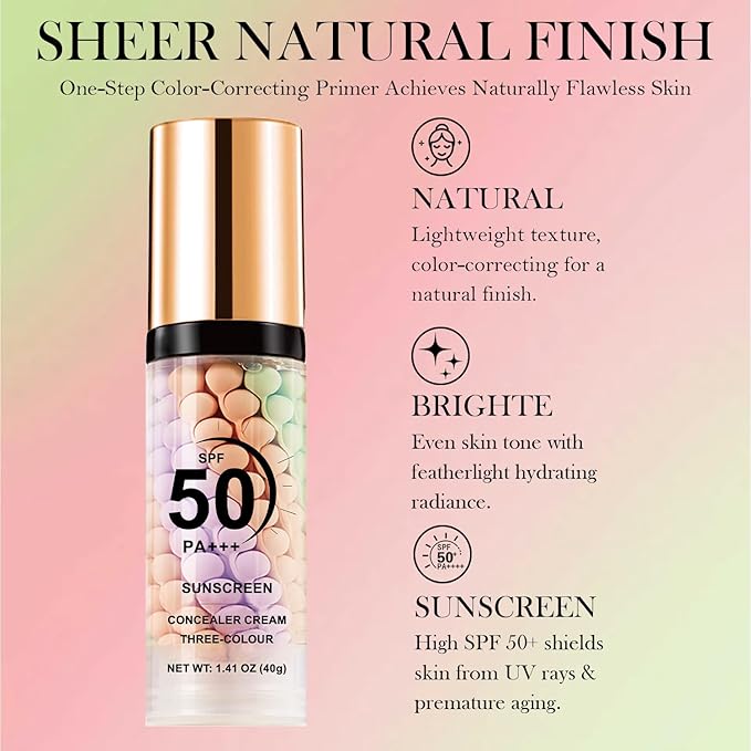 3 In 1 Primer for Face Before Makeup, Sunscreen Isolation Cream, SPF 50, One Step Color Corrector Face Primer, Moisturizing, Waterproof and Oil Control Makeup Primer