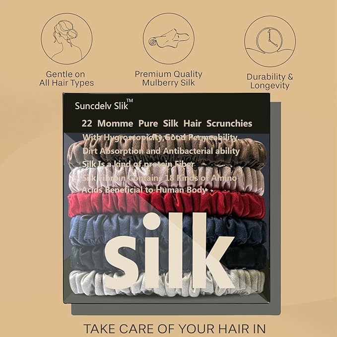 Suncdelv Silk,100% Silk Scrunchies for Hair,22 Momme Hair Ties for Anti-Crease & Breakage,Natural Women Hair Accessories，Fashion Hairbands 6PCS(Multicolor)