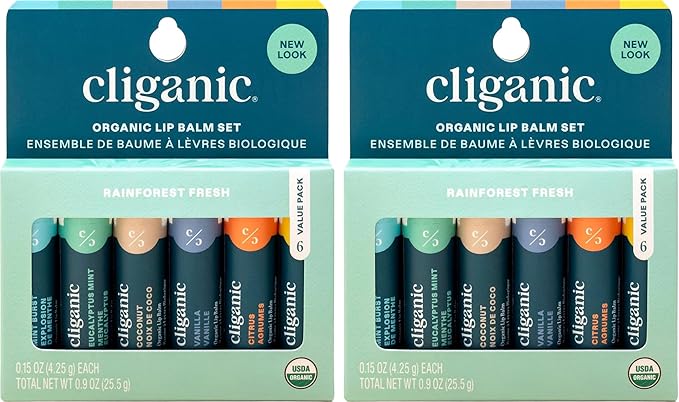 Cliganic Organic Lip Balm Set (2 Packs of 6 Tubes), 100% Natural Moisturizer for Cracked & Dry Lips