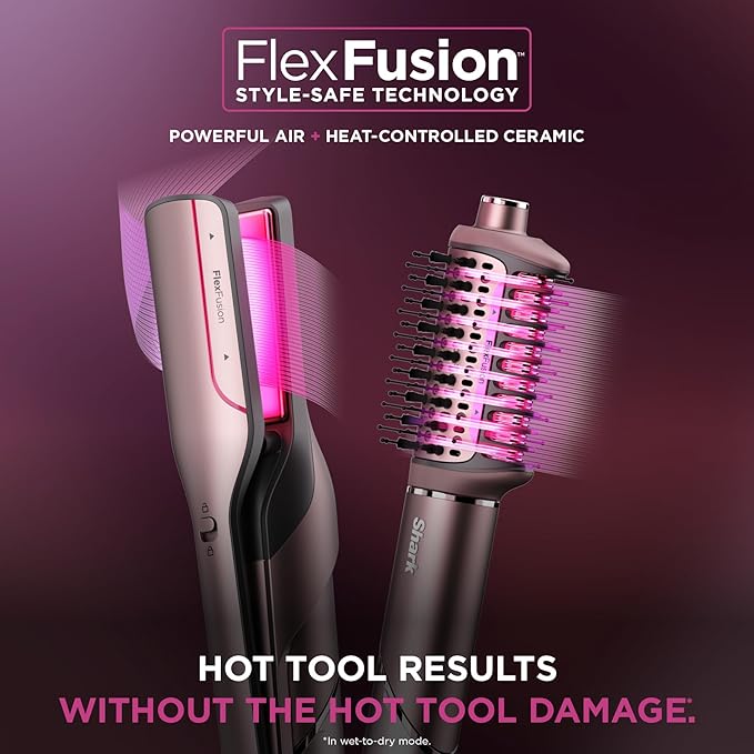 Shark FlexFusion Hair Straightener & Powerful Hair Dryer with Fusion Hair Brush, Ceramic Air Styler with Auto-Wrap Curlers & Concentrator, Ceramic Plates, Cosmic Blush HD641S