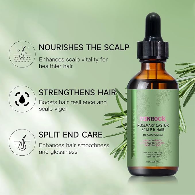 Venrock Rosemary Castor Hair Oil - Biotin Infused Scalp & Hair Strengthening Oil for Nourishing Scalp, Repairing Split Ends & Encouraging Longer, Healthier Hair | Lightweight Daily Hair Care