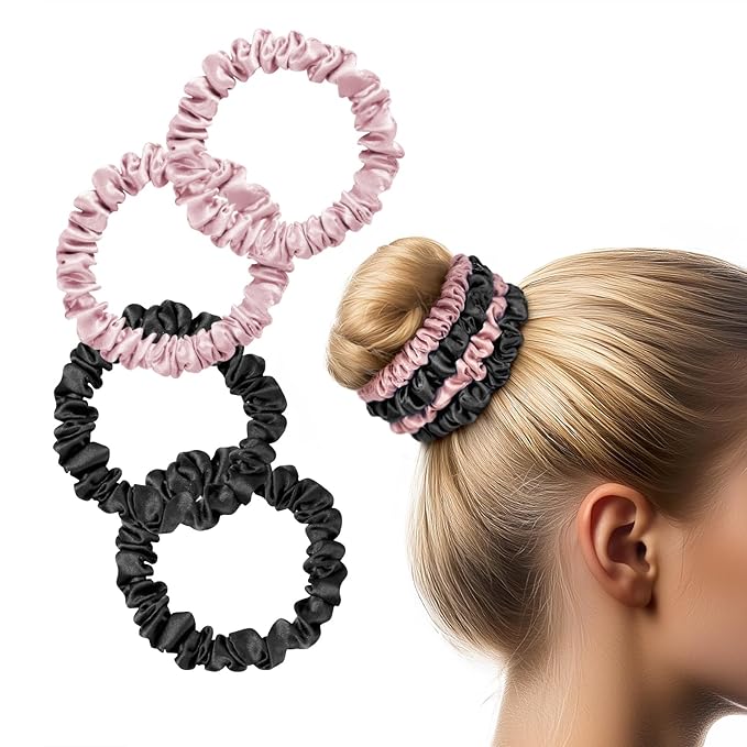 Zenssia Silk Scrunchies for Hair, 4PC Pure Mulberry Silk Hair Ties No Damage, Skinny Elastic Scrunchies for Fine & Thin Hair, Black Light Plum