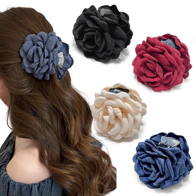 4pcs Handmade Fabric Rose Flower Hair Claw Clip for Women Girls, 3.94" Large Boho Hawaiian Floral Hairpins Barrettes for Thick Thin Hair Styling Accessories(Blue Wine Red)