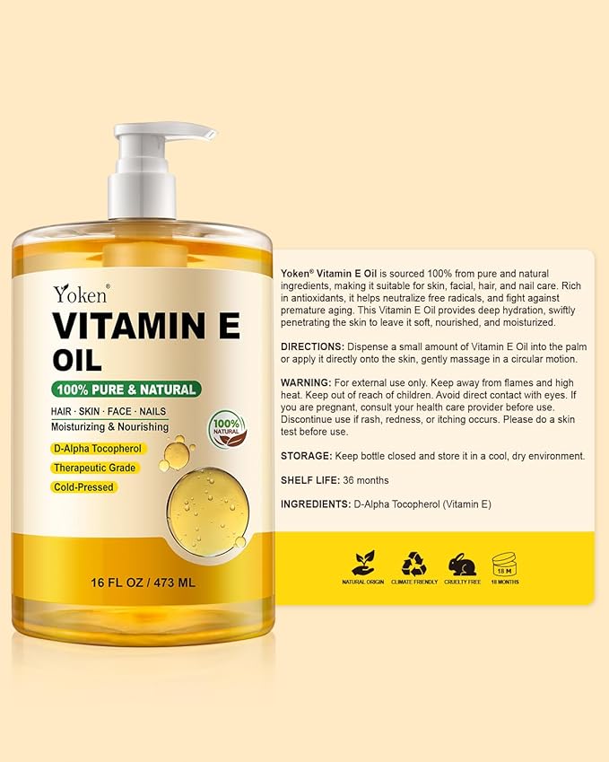 Vitamin E Oil 16 Fl Oz Organic Vitamina E Oil for Skin Bulk Vitamine oils for Face,Cold Pressed Hexane Free Formula Liquid Perfect Care Bath and Body oils