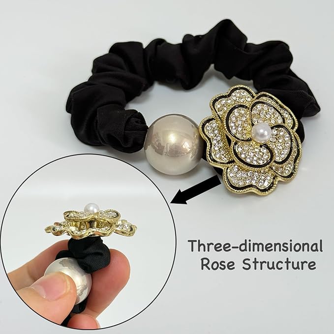 Silk Scrunchies Hair Ties 2Packs – Super Soft Thin Hair Scrunchies, Gentle on Hair, Rose Flower Crystal Decorated Hair Accessories for Women