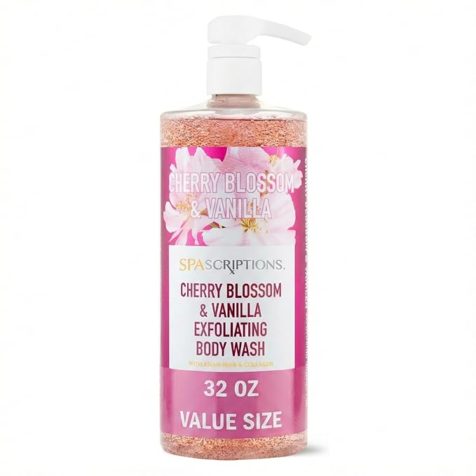 SpaScriptions Cherry Blossom & Vanilla Exfoliating Body Wash - 32 fl oz Scented, Hydrating Body Wash Scrub for Women, Natural Daily Cleanser for Smooth, Radiant, Healthy-Looking Skin, Paraben Free