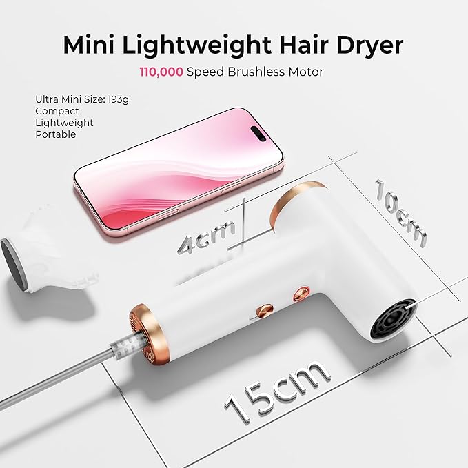 Mini Hair Dryer, 4-Temp High Speed Ionic Hair Dryer, 2-Speed Lightweight Portable Small Hair Dryers, 110,000 RPM Hair Blow Dryer Travel Blow Dryer with Self-Cleaning Styler & Advanced Protection