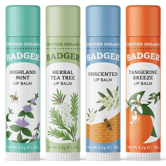 Badger Classic Organic Lip Balm Set - Green Box, Long Lasting Lip Moisturizer Gift Set, Light Silky Texture, All Natural Lip Balm Variety Pack Lip-Set (Unscented, Tea Tree, Mint & Tangerine), 4 pack